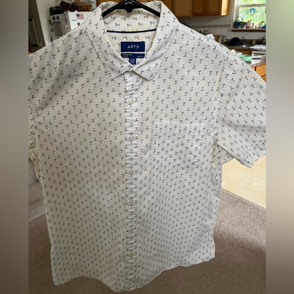 Apt. 9 Mens Large Button Up Premier Flex White Martini Glass Short Sleeve Shirt
